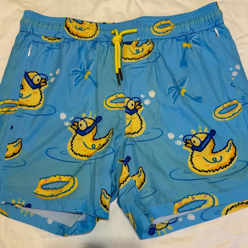 Playful Rubber Duck Light Blue Swim Trunks with Yellow Drawstring